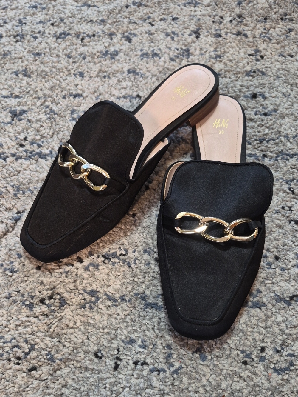 H&M Black Slip-On Mules with Gold Chain